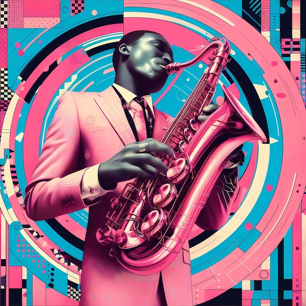 una imagen surrealista de un hombre tocando un saxofón