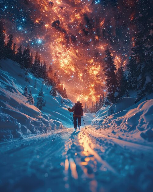 Imagen surrealista de un jugador de hockey deslizándose sobre el hielo bajo un cielo estrellado con colores y texturas de ensueño