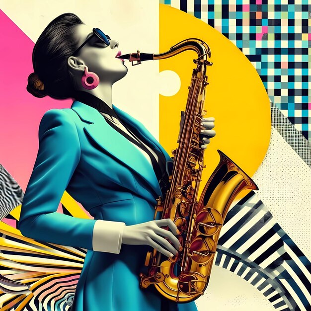 una imagen surrealista de una mujer tocando un saxofón