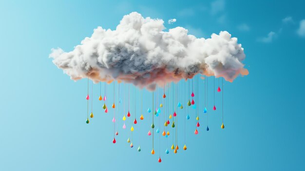 Imagen surrealista de una nube blanca esponjosa con gotas de lluvia de colores que caen de ella La nube se encuentra contra un cielo azul claro