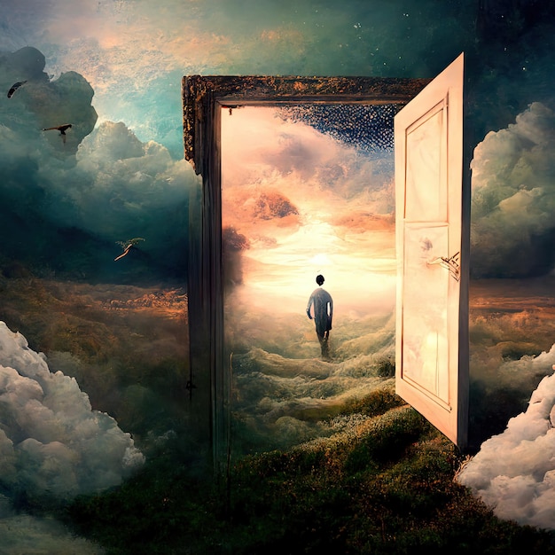 Imagen surrealista de un sueño dentro de un sueño con puerta abierta a otra dimensión