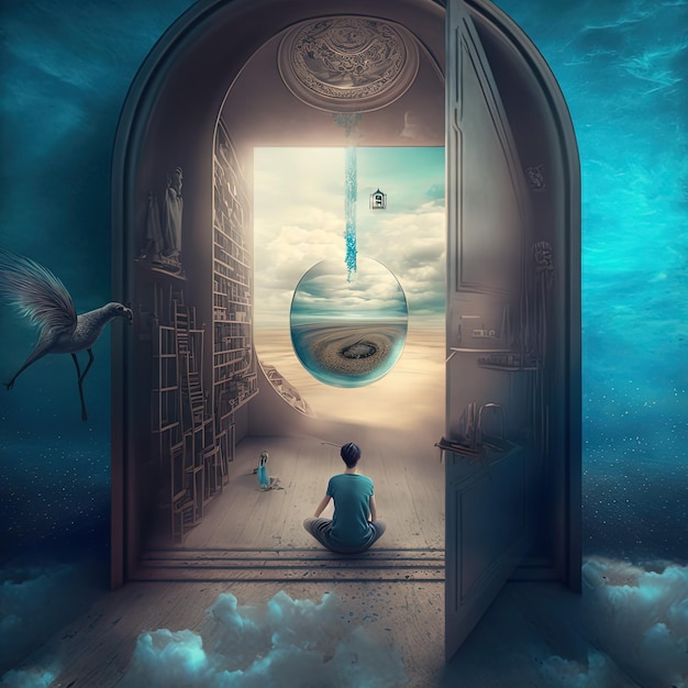 Imagen surrealista de un sueño dentro de un sueño con puerta abierta a otra dimensión