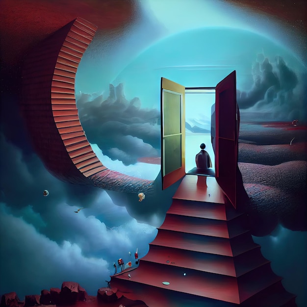 Imagen surrealista de un sueño dentro de un sueño con puerta abierta a otra dimensión