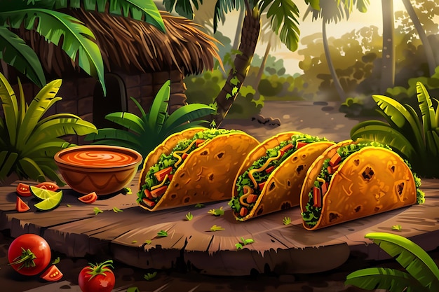 una imagen de tacos y un cuenco de comida con una palmera en el fondo