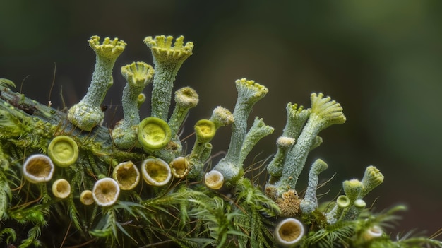 Una imagen de un tallo de musgo cubierto de estructuras de esporas de diferentes tamaños y formas que crean un