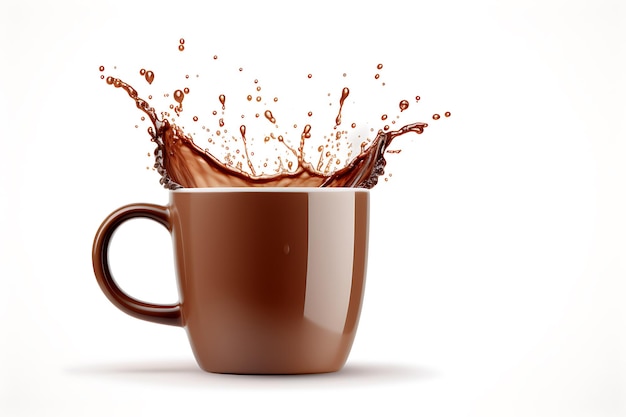 Imagen de una taza aislada con salpicaduras de café sobre un fondo blanco