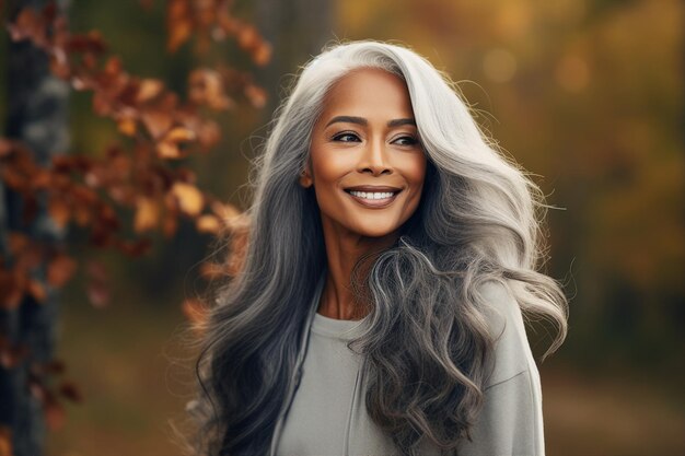 Imagen de tecnología de IA generativa de una hermosa mujer de cabello gris caminando por el parque de otoño