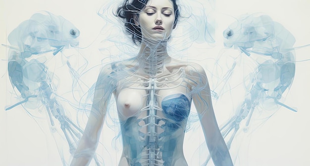 una imagen de tecnología iot de una mujer con imágenes del cuerpo humano y logotipos médicos
