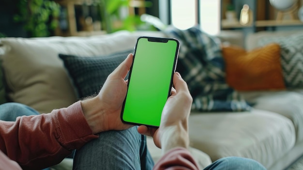 Imagen de teléfono celular con plantilla de pantalla verde hombre sentado en el sofá sosteniendo las manos