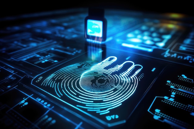 Una imagen de un teléfono móvil con una huella dactilar en él que destaca el uso de la tecnología biométrica para la verificación de identidad La huella de dedo en la pantalla digital que se escanea Generada por IA