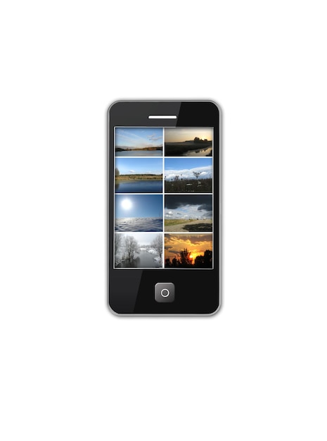 Imagen de un teléfono móvil moderno con muchas fotos de paisajes