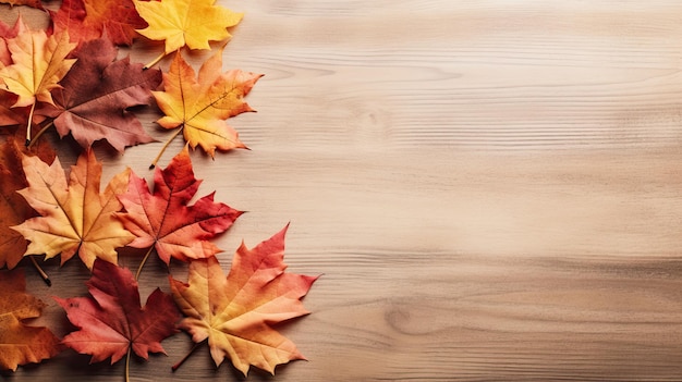 Imagen del tema del otoño sobre fondo de madera clara con espacio de copia.