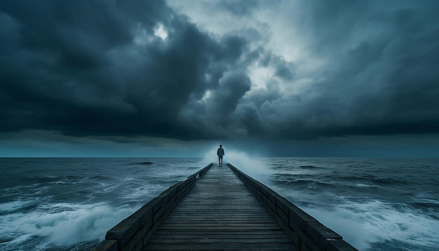 una imagen temática del lunes azul de la silueta de una persona de pie en el borde de un muelle