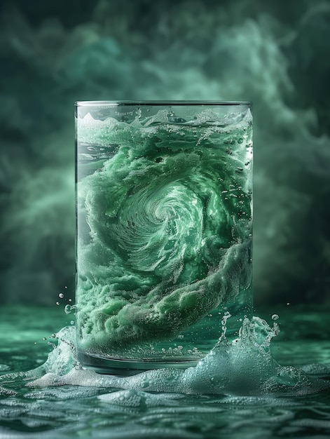 Foto imagen temperamental de polvo de espirulina girando en un vaso de agua estilo minimalista haciendo hincapié en el patrón en espiral