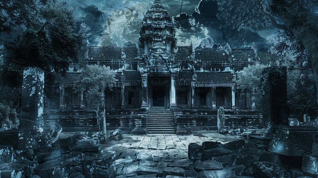 una imagen de un templo con un árbol en el fondo