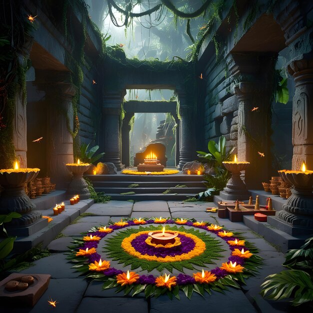 una imagen de un templo con flores y velas en él