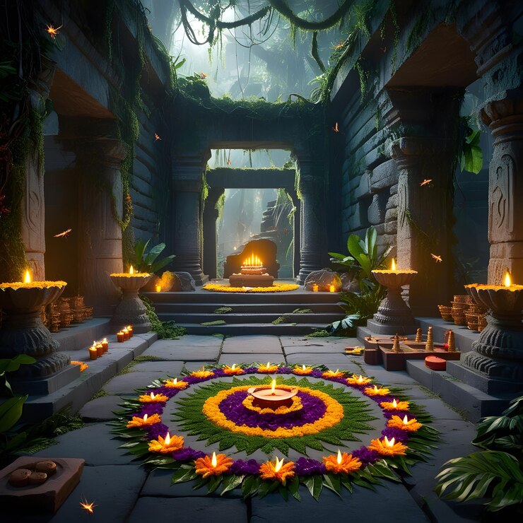 una imagen de un templo con flores y velas en él