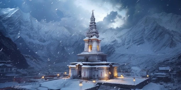 Imagen del templo indio Kedarnath en la caída de nieve