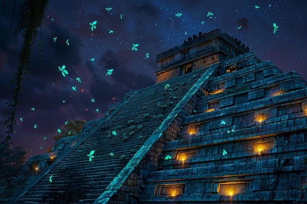 una imagen de un templo con mariposas volando a su alrededor