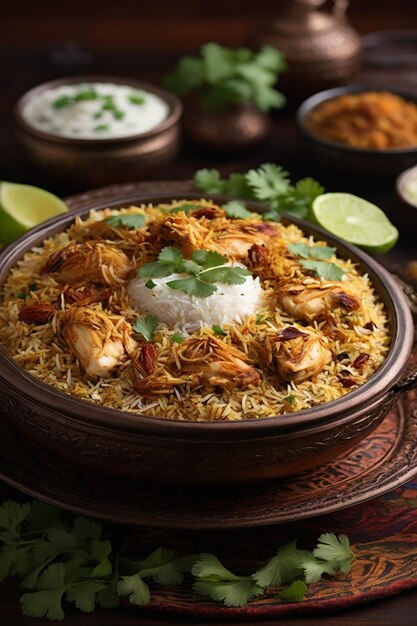 Foto imagen tentadora en 4k que muestra un plato humeante de pollo biryani con arroz basmati perfumado