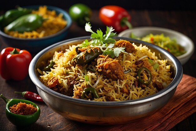 Una imagen tentadora de biriyani servido con grano frito