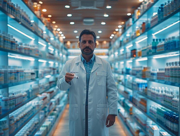 Imagen de una tienda médica o farmacia con un farmacéutico