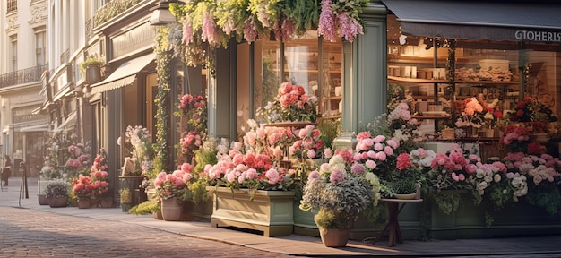 una imagen de una tienda en París llena de flores al estilo de paisajes urbanos atmosféricos