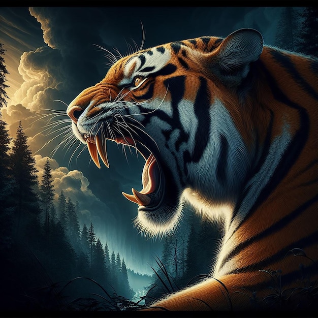 Imagen de tigre estado de ánimo enojado colorido realista generado por IA