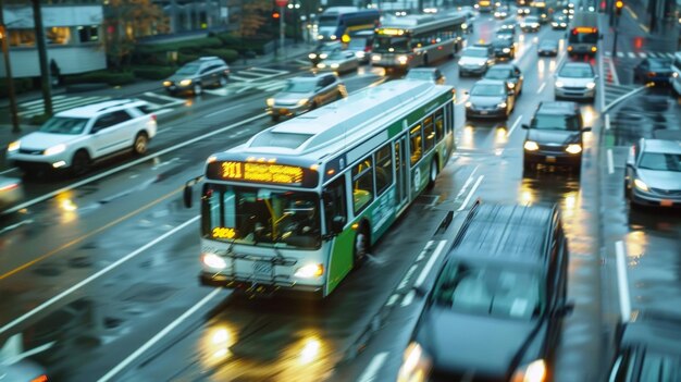 Una imagen en time-lapse de un autobús de biocombustible que navega a través del tráfico pesado que destaca su fiabilidad y