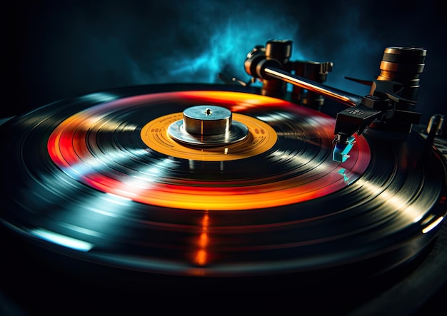 Una imagen en timelapse de un disco de vinilo girando en un tocadiscos capturando el movimiento dinámico y