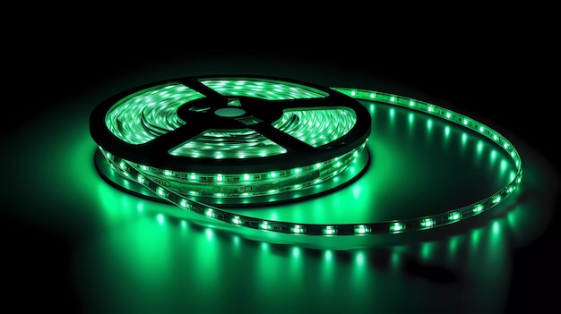 Imagen de una tira LED verde en una habitación oscura