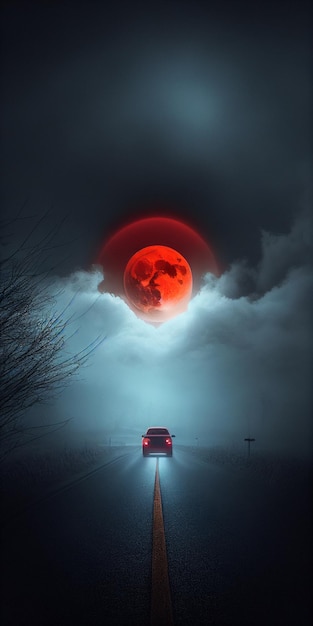 Una imagen tomada desde un automóvil conduciendo por una carretera con luna roja en el fondo ai generativo