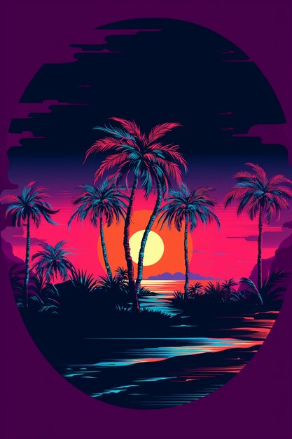 una imagen tomada desde una pantalla de computadora de una puesta de sol con palmeras generativa ai