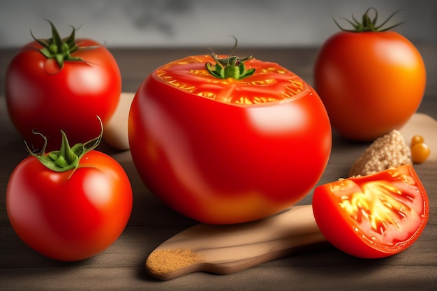 Una imagen de un tomate con una cuchara de madera sobre una mesa de madera.