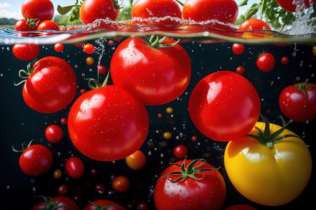 Una imagen de tomates en agua con la palabra tomate en la parte inferior