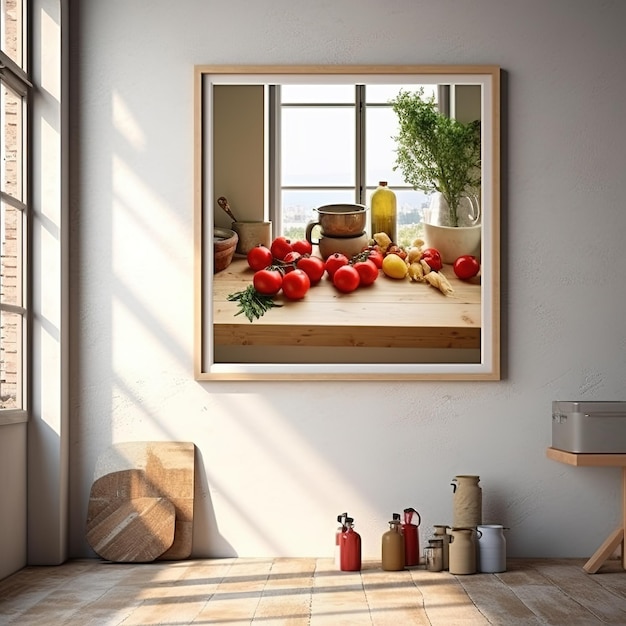 Una imagen de tomates y verduras en una pared.