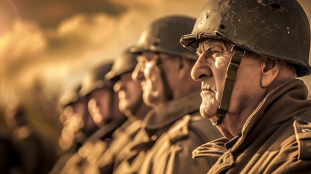 Una imagen en tono sepia de una fila de hombres mayores con cascos militares Los hombres están mirando en la distancia