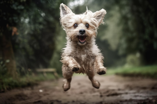 Una imagen tonta y entrañable de un perro travieso MidJump en Whimsical World Fotografía de alta resolución que captura la personalidad canina juguetona