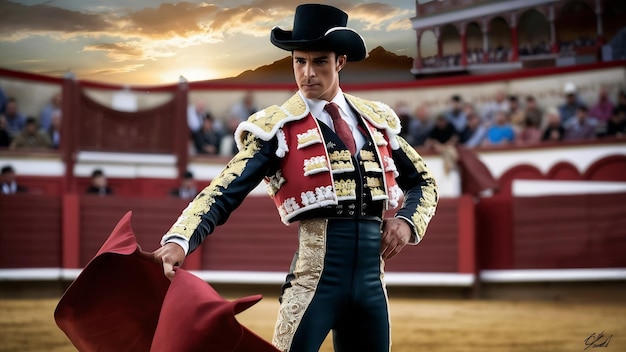 Foto imagen de un torero o matador con ropa tradicional y tela roja