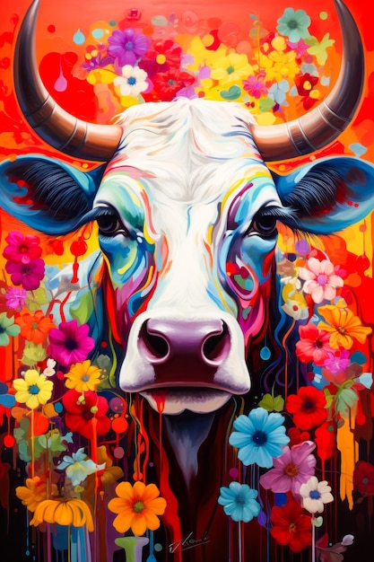 Imagen de un toro con flores coloridas en un fondo rojo IA generativa