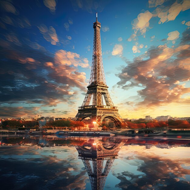 una imagen de la torre Eiffel con el reflejo de la torre de Eiffel en el agua