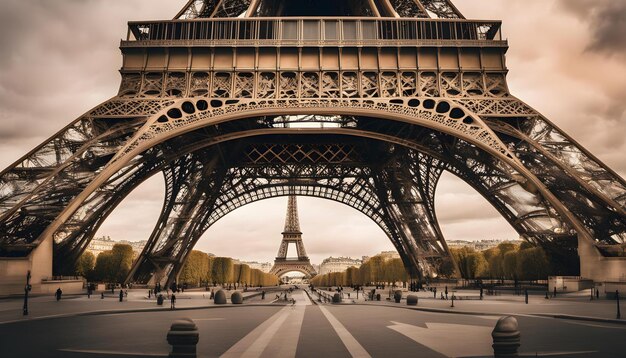 una imagen de una torre con un puente en el fondo