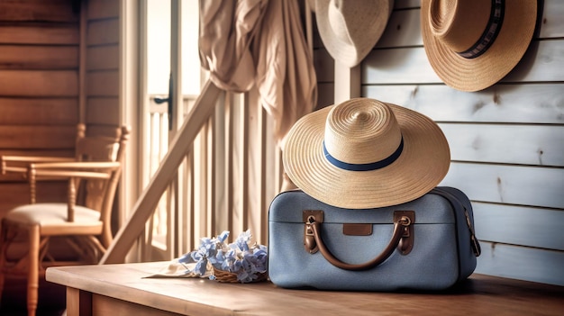 Una imagen tranquila de una maleta y un sombrero para el sol que simboliza lo esencial para unas relajantes vacaciones en la playa