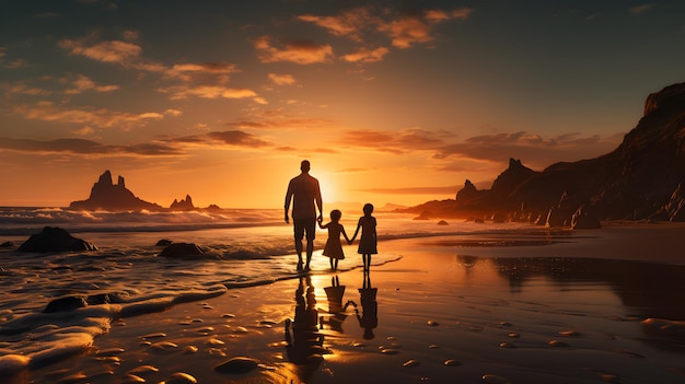 Imagen tranquila de padre y madre sentados en una manta de playa disfrutando de la cálida luz del sol como su hijo