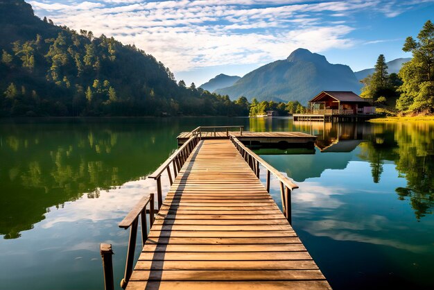 Una imagen de un tranquilo retiro a la orilla del lago donde un pequeño muelle de madera
