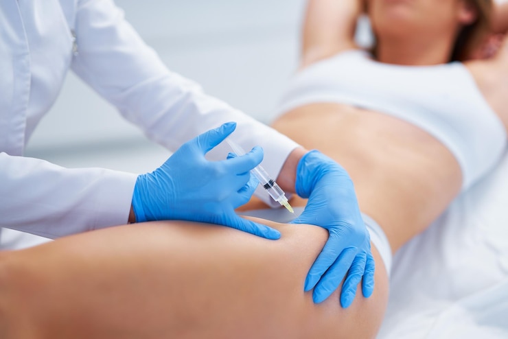 Foto imagen del tratamiento de lipólisis en diferentes partes del cuerpo de la mujer