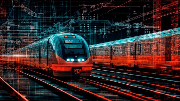 La imagen de un tren sobre un fondo de datos analíticos representa el transporte y la logística.