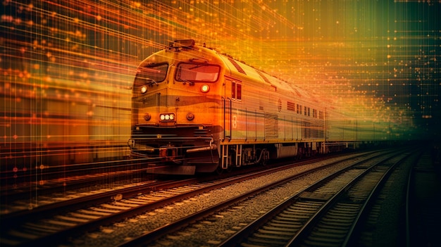 La imagen de un tren sobre un fondo de datos analíticos representa el transporte y la logística.