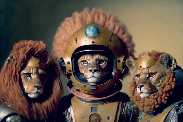 Imagen de tres leones en un traje espacial ai generativo