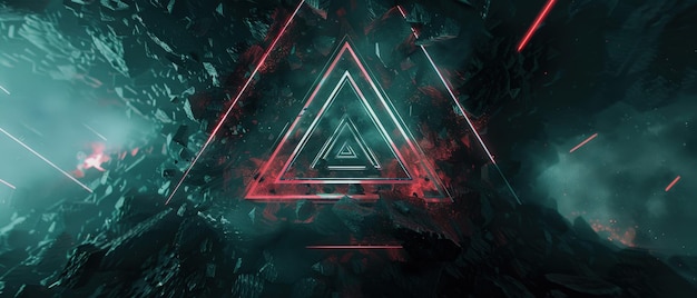 Una imagen triangular de un paisaje rocoso oscuro con elementos rojos y verdes